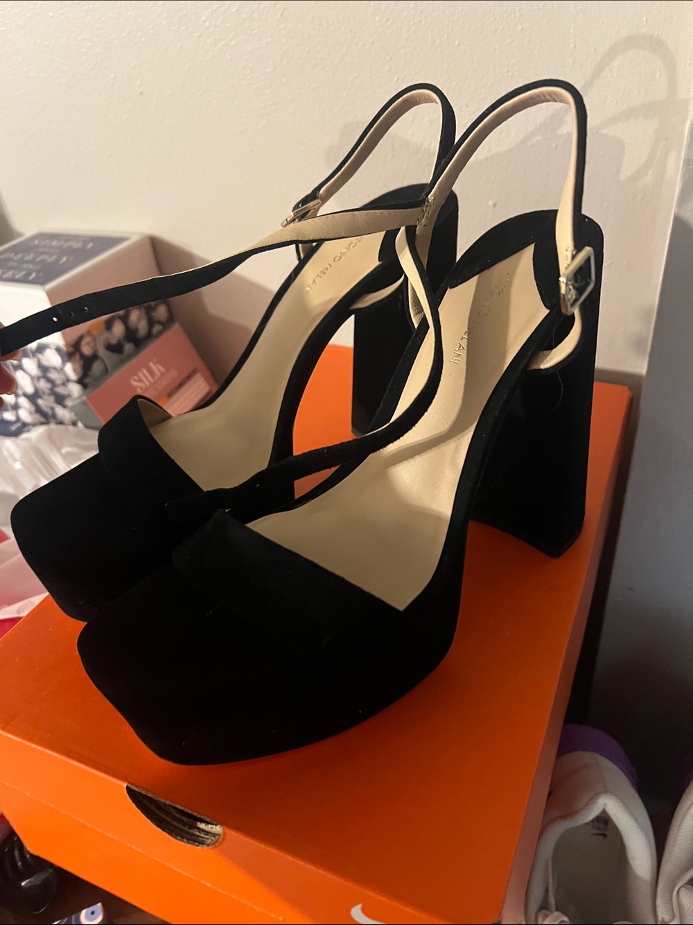 ANTONIO MELANI Black Suede Block Heel Slingbacks